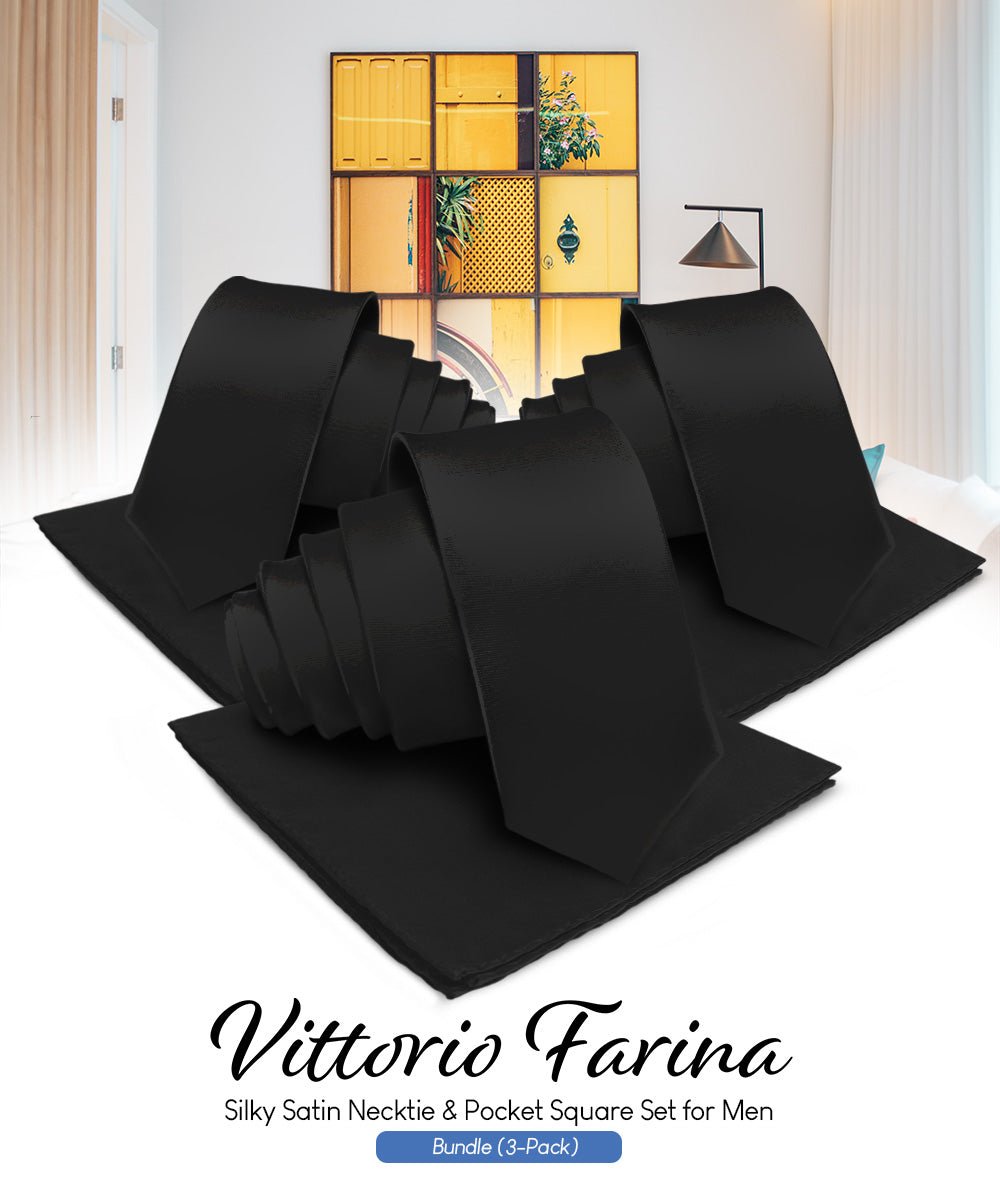 Vittorio Farina Solid Satin Necktie & Pocket Square Multipacks - NH - SOLID - 3_BLACK - Classy Cufflinks