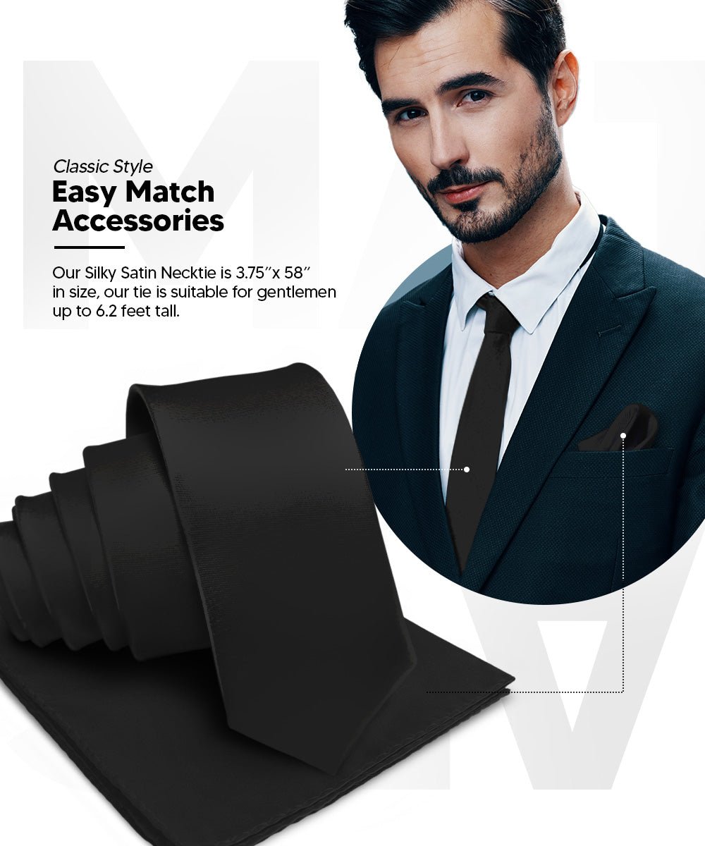 Vittorio Farina Solid Satin Necktie & Pocket Square Multipacks - NH - SOLID - 3_BLACK - Classy Cufflinks