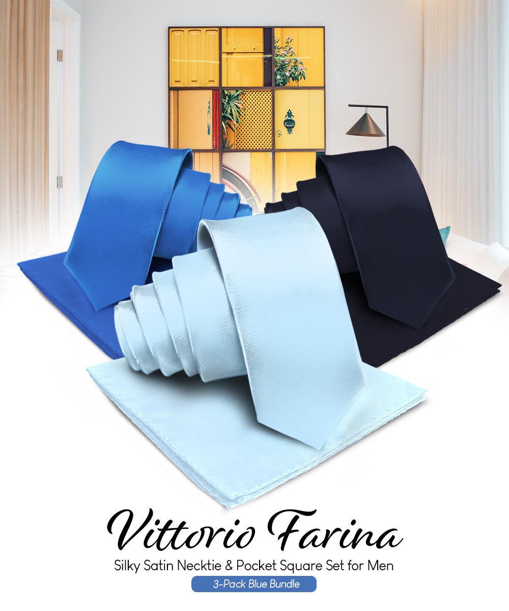 Vittorio Farina Solid Satin Necktie & Pocket Square Multipacks - NH - SOLID - 3_BLUE - Classy Cufflinks