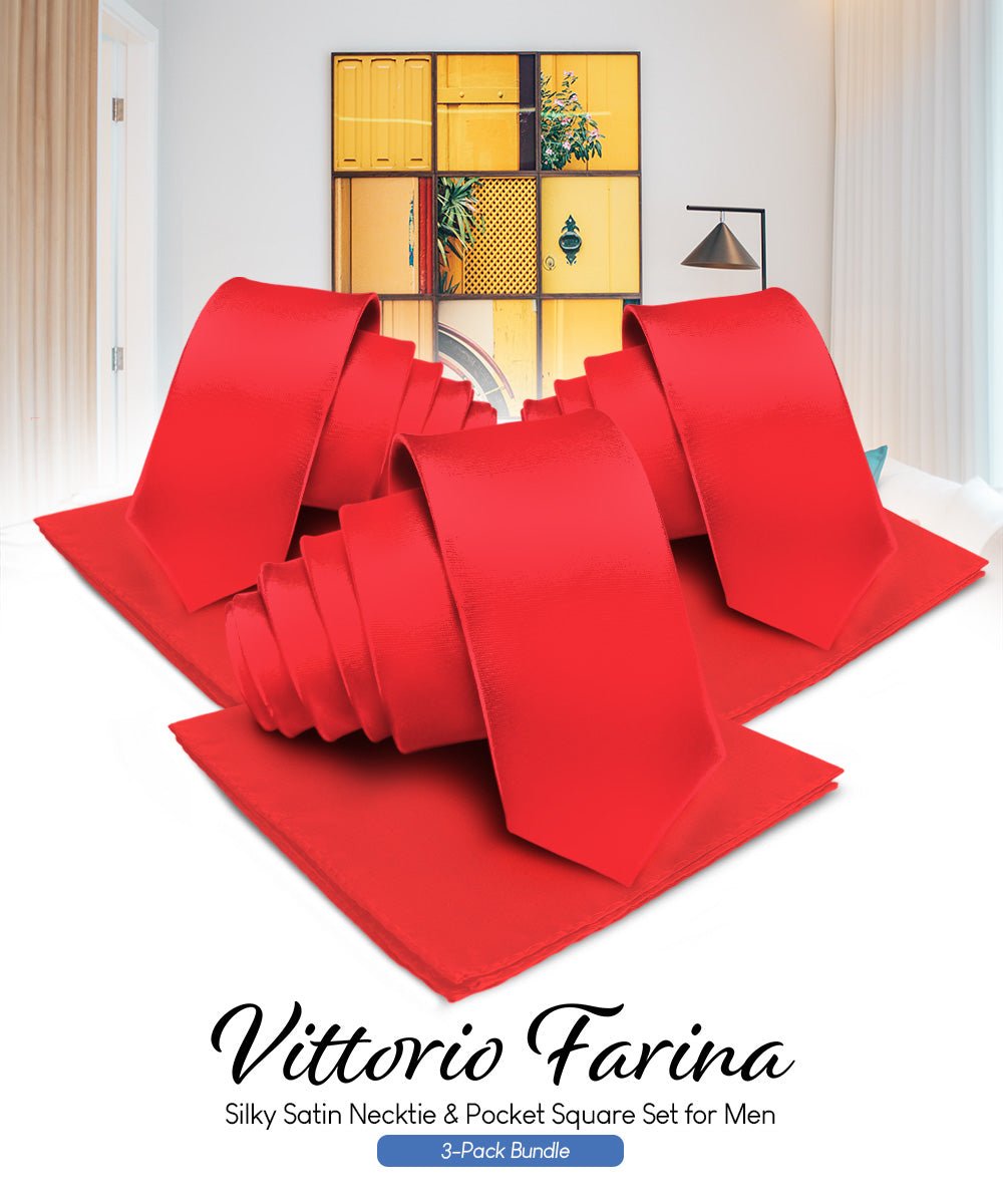 Vittorio Farina Solid Satin Necktie & Pocket Square Multipacks - NH - SOLID - 3_RED - Classy Cufflinks