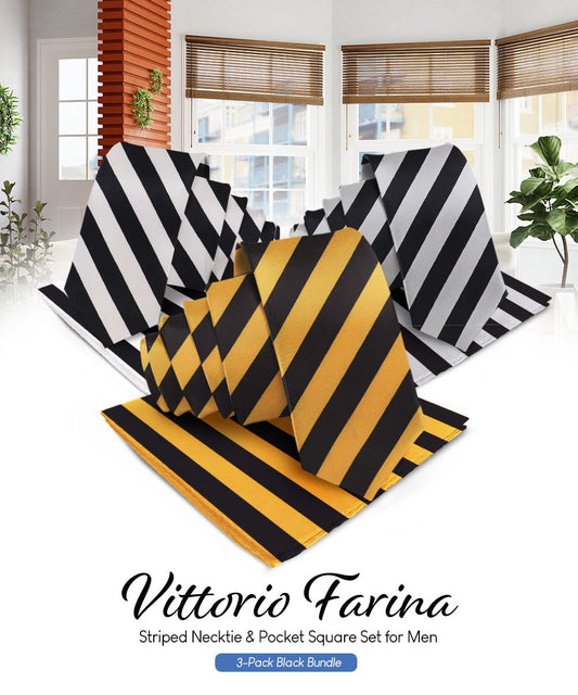 Vittorio Farina Striped Necktie & Pocket Square Multipacks - NH - ST - 3_BLACK - Classy Cufflinks