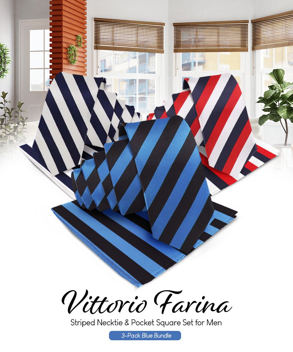 Vittorio Farina Striped Necktie & Pocket Square Multipacks - NH - ST - 3_BLUE - Classy Cufflinks