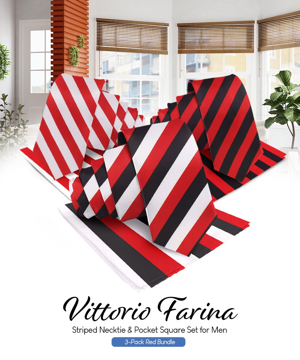 Vittorio Farina Striped Necktie & Pocket Square Multipacks - NH - ST - 3_RED - Classy Cufflinks