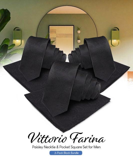 Vittorio Farina Woven Paisley Necktie & Pocket Square Multipacks - NH - WP - 3_BLACK - Classy Cufflinks