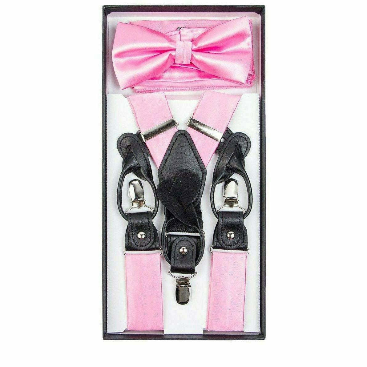 Vittorio Farina Men's Clip End Suspender, Bow Tie and Pocket Square Set with Silver Hardware in Gift Box: 70% Polyester & 30% Elastomer