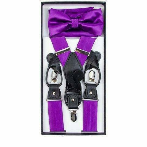 Vittorio Farina Men's Clip End Suspender, Bow Tie and Pocket Square Set with Silver Hardware in Gift Box: 70% Polyester & 30% Elastomer