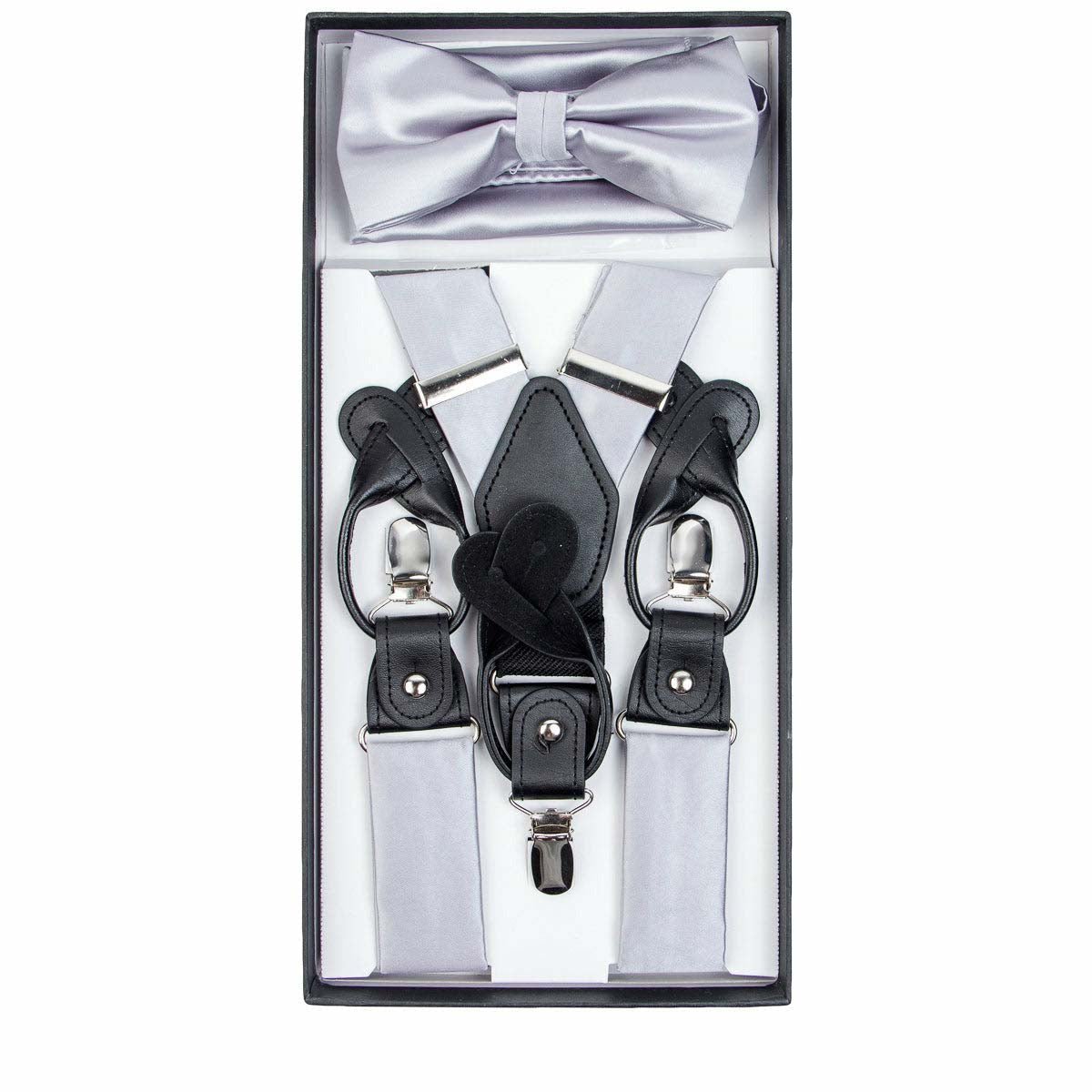 Vittorio Farina Men's Clip End Suspender, Bow Tie and Pocket Square Set with Silver Hardware in Gift Box: 70% Polyester & 30% Elastomer