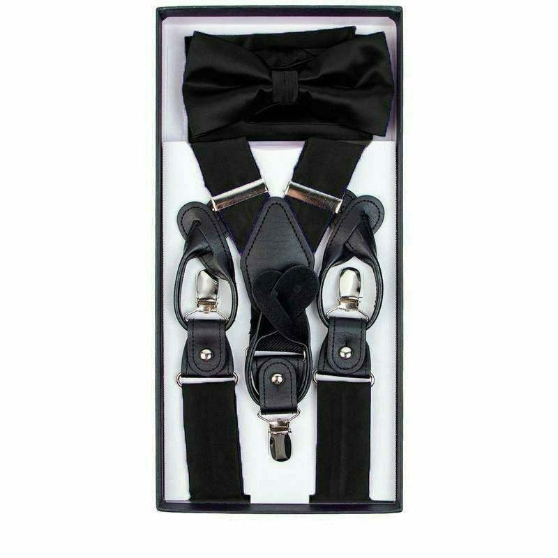 Vittorio Farina Men's Clip End Suspender, Bow Tie and Pocket Square Set with Silver Hardware in Gift Box: 70% Polyester & 30% Elastomer