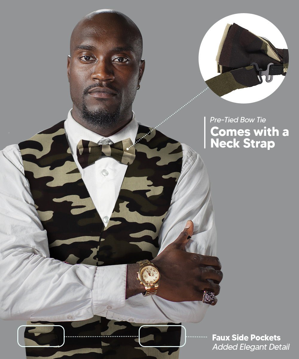 Vittorio Farina Kente Vest & Bow Tie - vest_kente_BB_camo_S - Classy Cufflinks