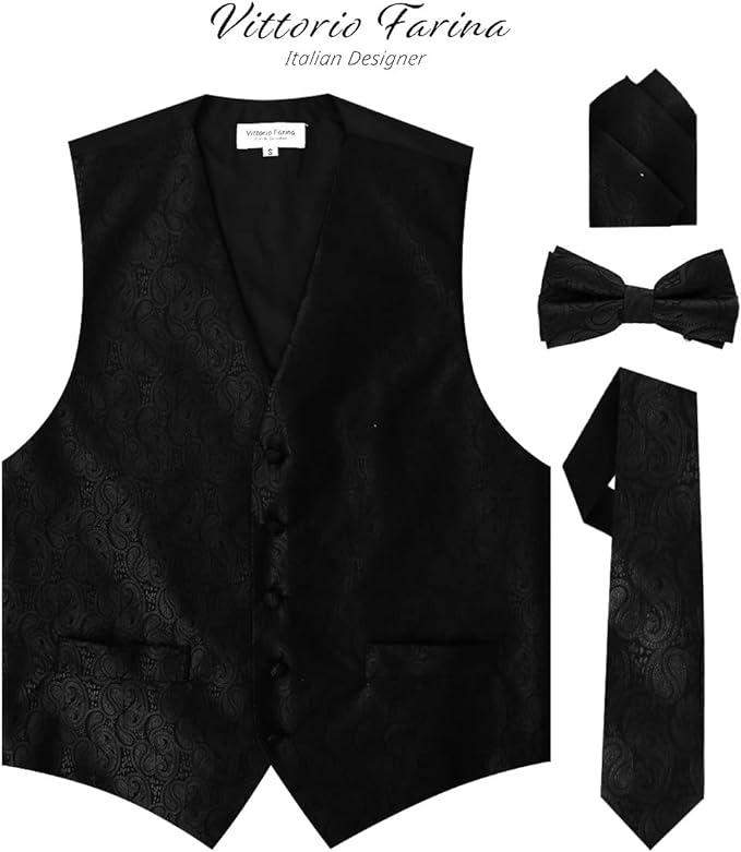 Vittorio Farina Paisley Vest Set (Black Back) Var. 01 (Black-Plum) - vest_paisley_BB_black_XS - Classy Cufflinks