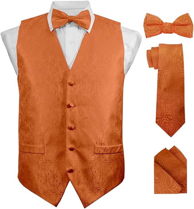 Vittorio Farina Paisley Vest Set (Black Back) Var. 02 (Purple-UT Burnt Orange) - vest_paisley_BB_burntorange_XS - Classy Cufflinks