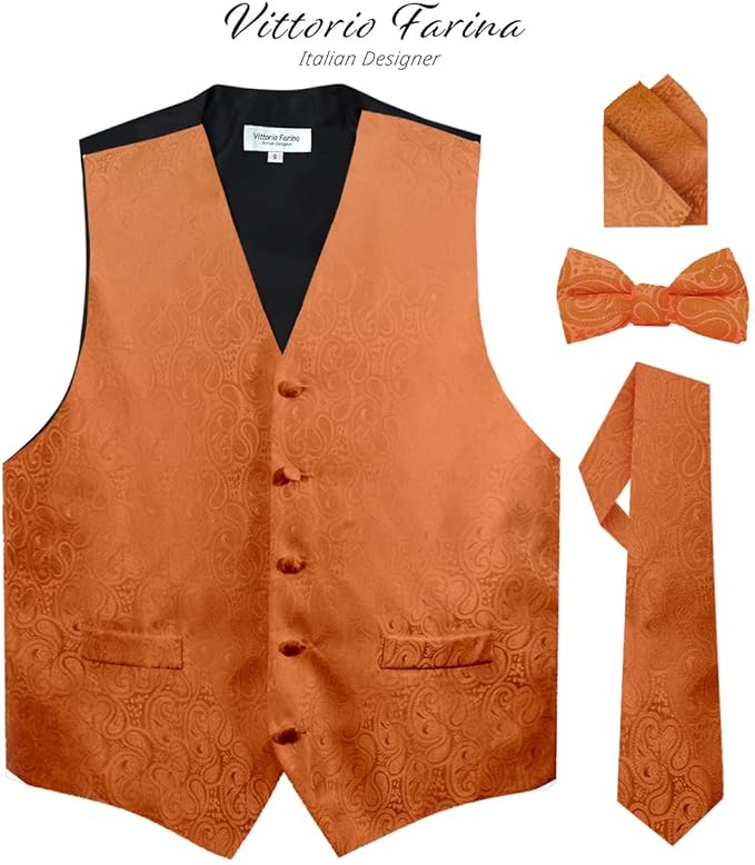 Vittorio Farina Paisley Vest Set (Black Back) Var. 02 (Purple-UT Burnt Orange) - vest_paisley_BB_burntorange_XS - Classy Cufflinks