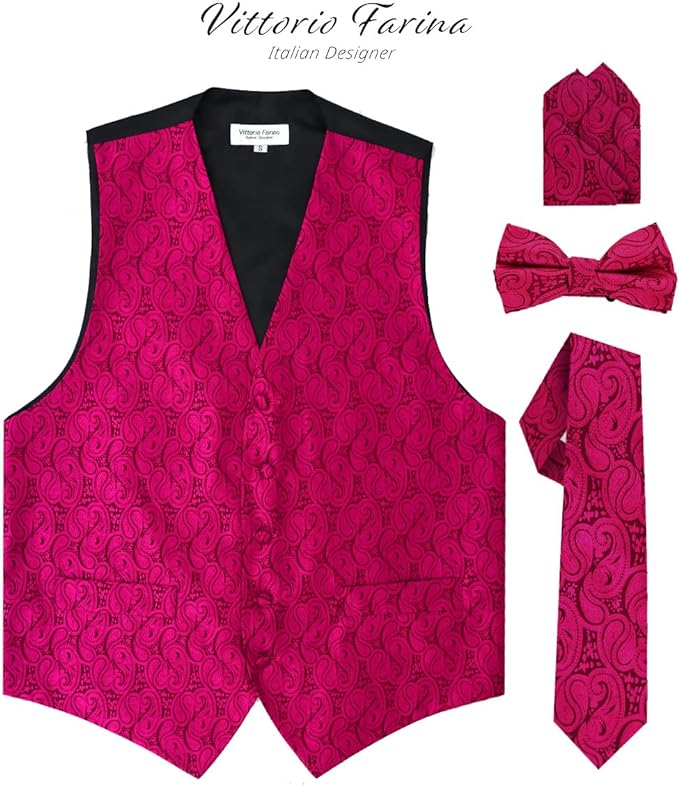 Vittorio Farina Paisley Vest Set (Black Back) Var. 01 (Black-Plum) - vest_paisley_BB_hotpink_XS - Classy Cufflinks