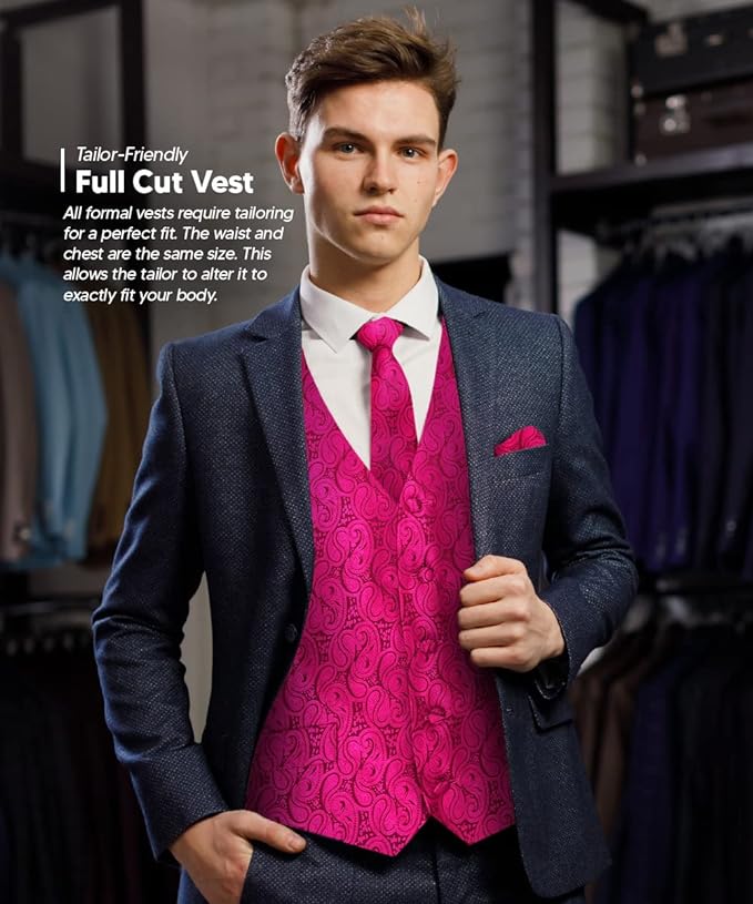 Vittorio Farina Paisley Vest Set (Black Back) Var. 01 (Black-Plum) - vest_paisley_BB_hotpink_XS - Classy Cufflinks