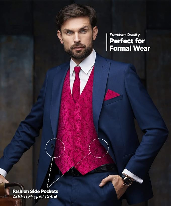 Vittorio Farina Paisley Vest Set (Black Back) Var. 01 (Black-Plum) - vest_paisley_BB_hotpink_XS - Classy Cufflinks