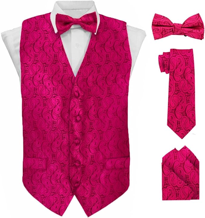 Vittorio Farina Paisley Vest Set (Black Back) Var. 01 (Black-Plum) - vest_paisley_BB_hotpink_XS - Classy Cufflinks