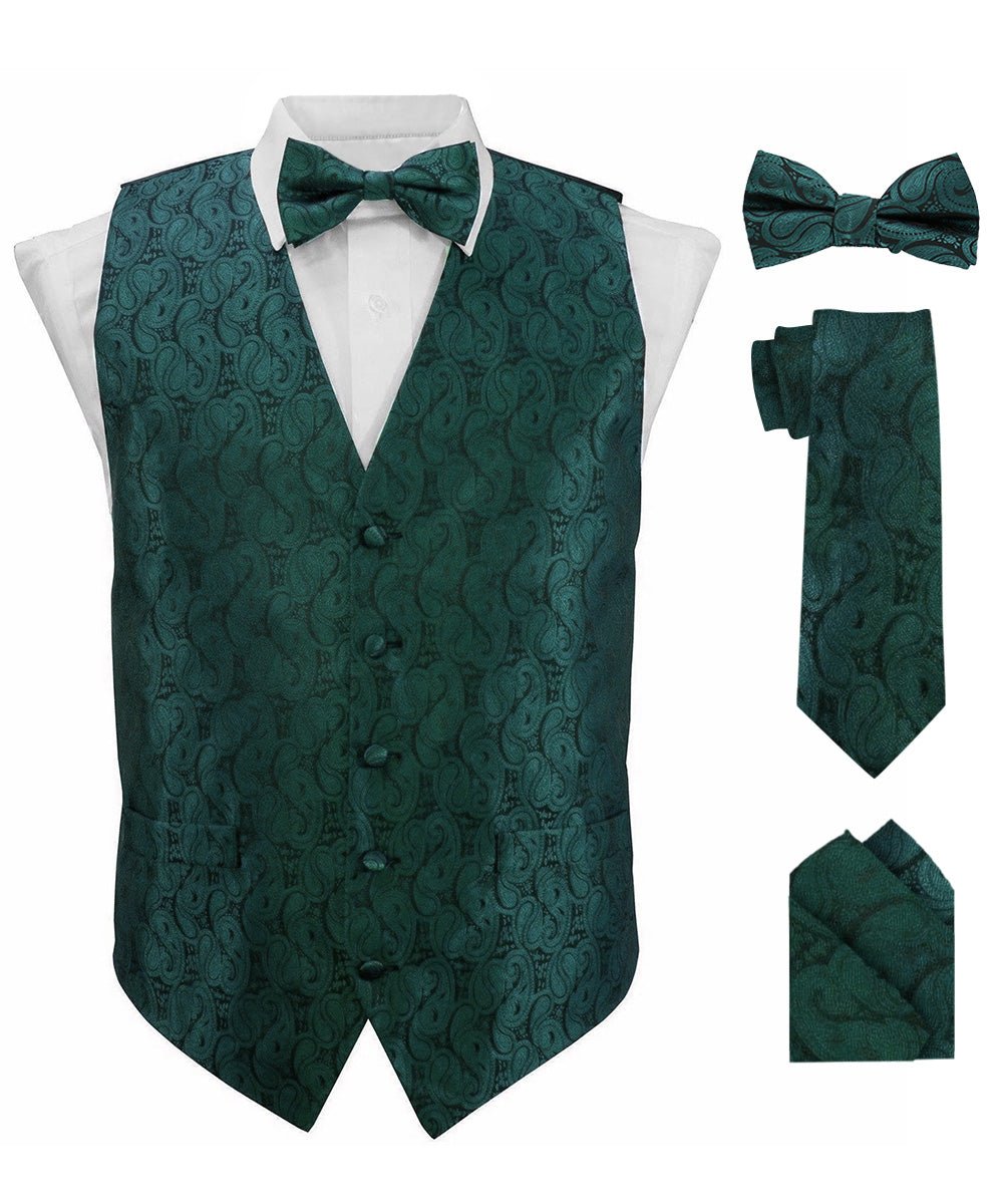 Vittorio Farina Men's Woven Paisley Vest, Necktie, Bow Tie and Pocket Square Set (Black Back) - vest_paisley_BB_hunter_XS - Classy Cufflinks