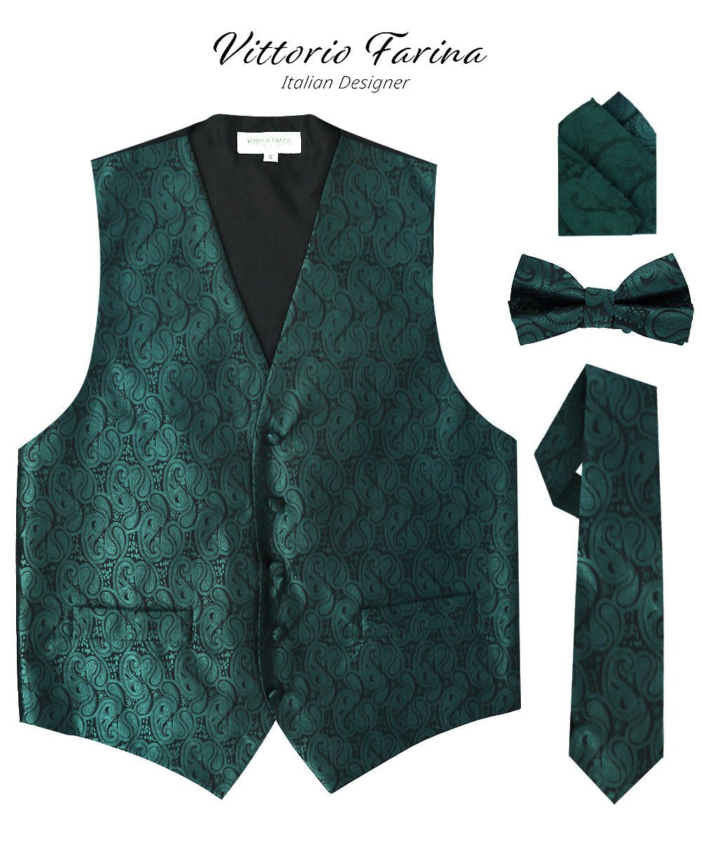 Vittorio Farina Men's Woven Paisley Vest, Necktie, Bow Tie and Pocket Square Set (Black Back) - vest_paisley_BB_hunter_XS - Classy Cufflinks