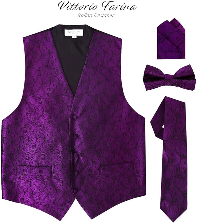 Vittorio Farina Paisley Vest Set (Black Back) Var. 02 (Purple-UT Burnt Orange) - vest_paisley_BB_purple_XS - Classy Cufflinks