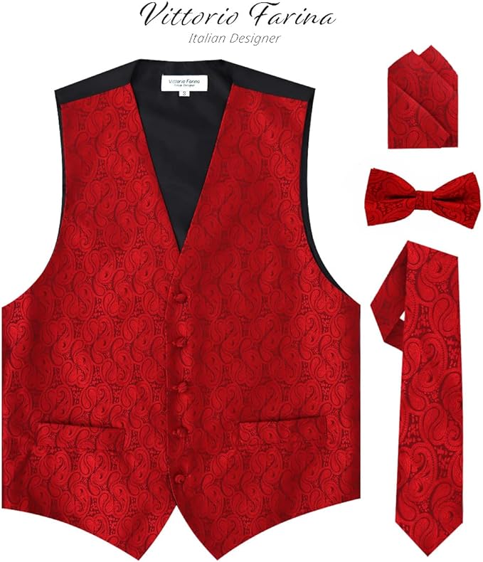 Vittorio Farina Paisley Vest Set (Black Back) Var. 02 (Purple-UT Burnt Orange) - vest_paisley_BB_red_XS - Classy Cufflinks