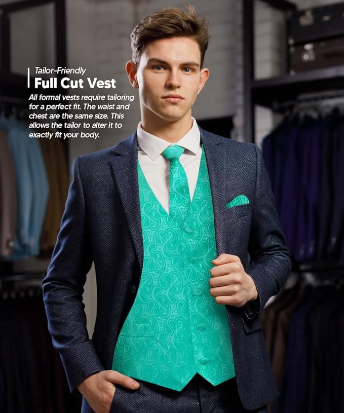 Vittorio Farina Paisley Vest Set (White Back) Var. 01 (Aqua-Mint) - vest_paisley_WB_aqua_XS - Classy Cufflinks