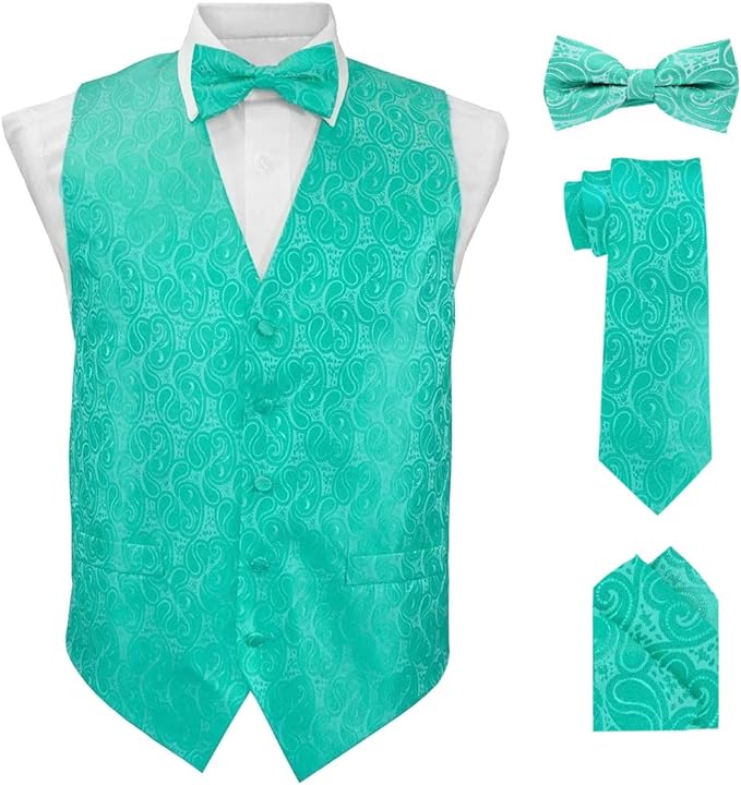 Vittorio Farina Paisley Vest Set (White Back) Var. 01 (Aqua-Mint) - vest_paisley_WB_aqua_XS - Classy Cufflinks