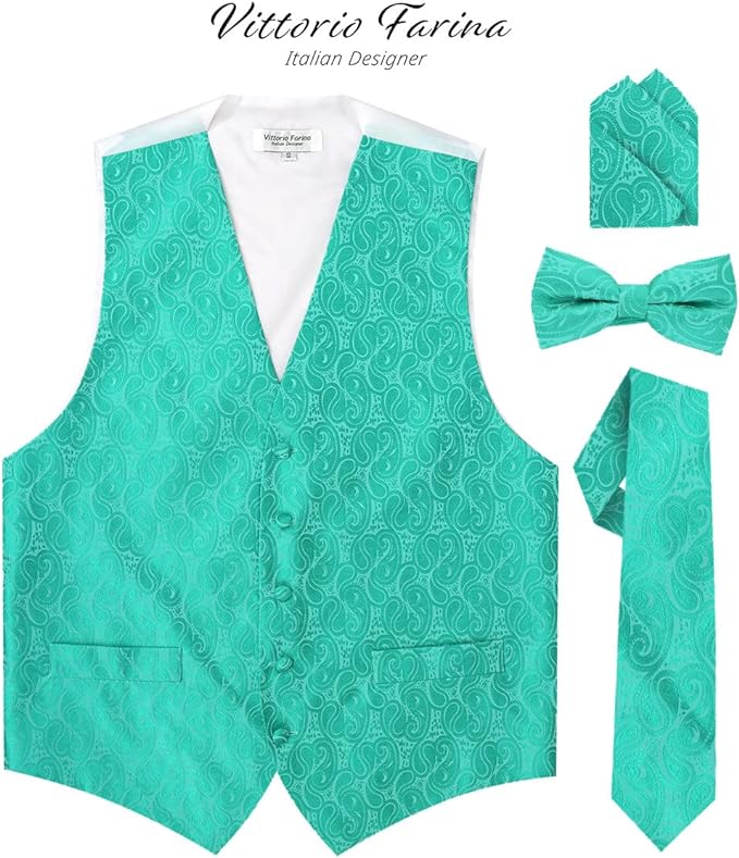 Vittorio Farina Paisley Vest Set (White Back) Var. 01 (Aqua-Mint) - vest_paisley_WB_aqua_XS - Classy Cufflinks