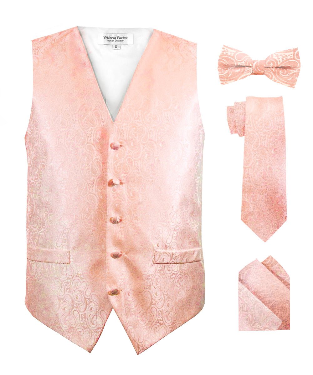 Vittorio Farina Men's Mint Woven Paisley Vest, Necktie, Bow Tie and Pocket Square Set (White Back) - vest_paisley_WB_blush_XS - Classy Cufflinks