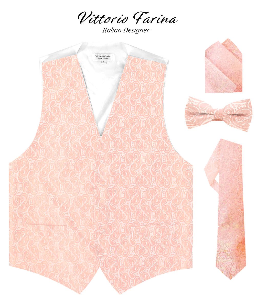 Vittorio Farina Men's Mint Woven Paisley Vest, Necktie, Bow Tie and Pocket Square Set (White Back) - vest_paisley_WB_blush_XS - Classy Cufflinks