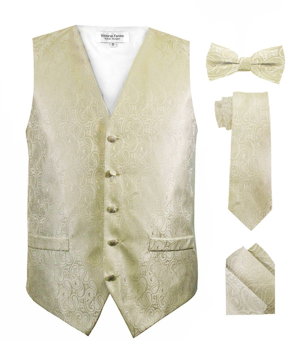 Vittorio Farina Men's Mint Woven Paisley Vest, Necktie, Bow Tie and Pocket Square Set (White Back) - vest_paisley_WB_ivory_XS - Classy Cufflinks