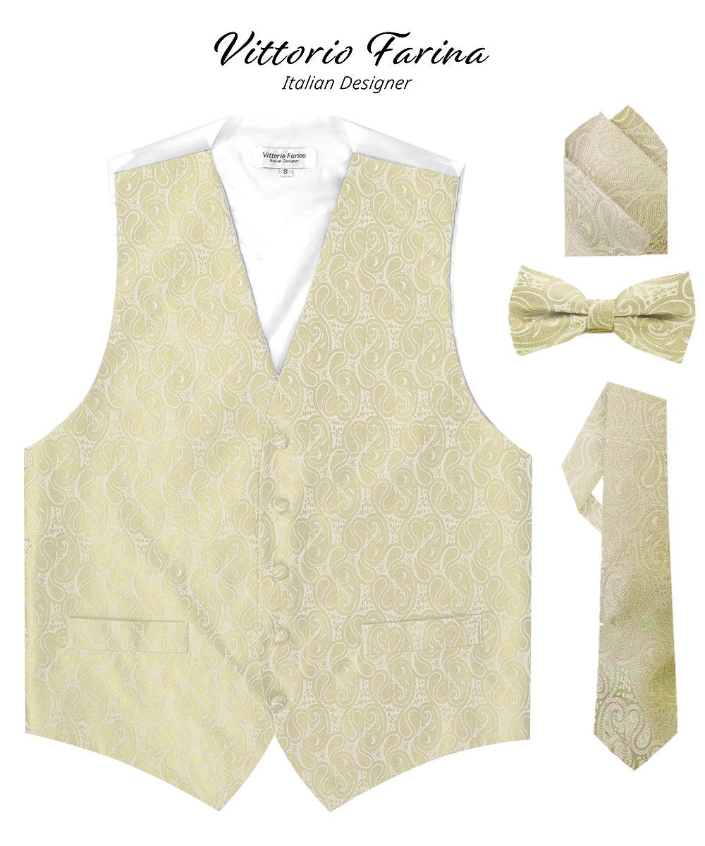 Vittorio Farina Men's Mint Woven Paisley Vest, Necktie, Bow Tie and Pocket Square Set (White Back) - vest_paisley_WB_ivory_XS - Classy Cufflinks