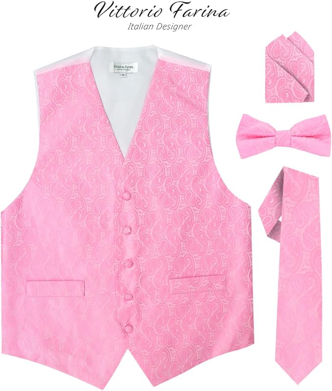 Vittorio Farina Paisley Vest Set (White Back) Var. 02 (Pink-Yellow) - vest_paisley_WB_pink_XS - Classy Cufflinks