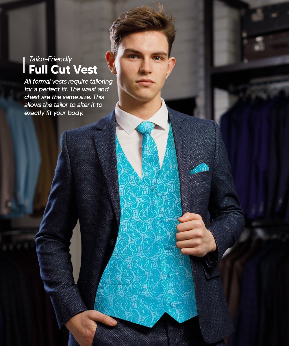 Vittorio Farina Men's Woven Paisley Vest, Necktie, Bow Tie and Pocket Square Set (White Back) - vest_paisley_WB_turquoise_XS - Classy Cufflinks