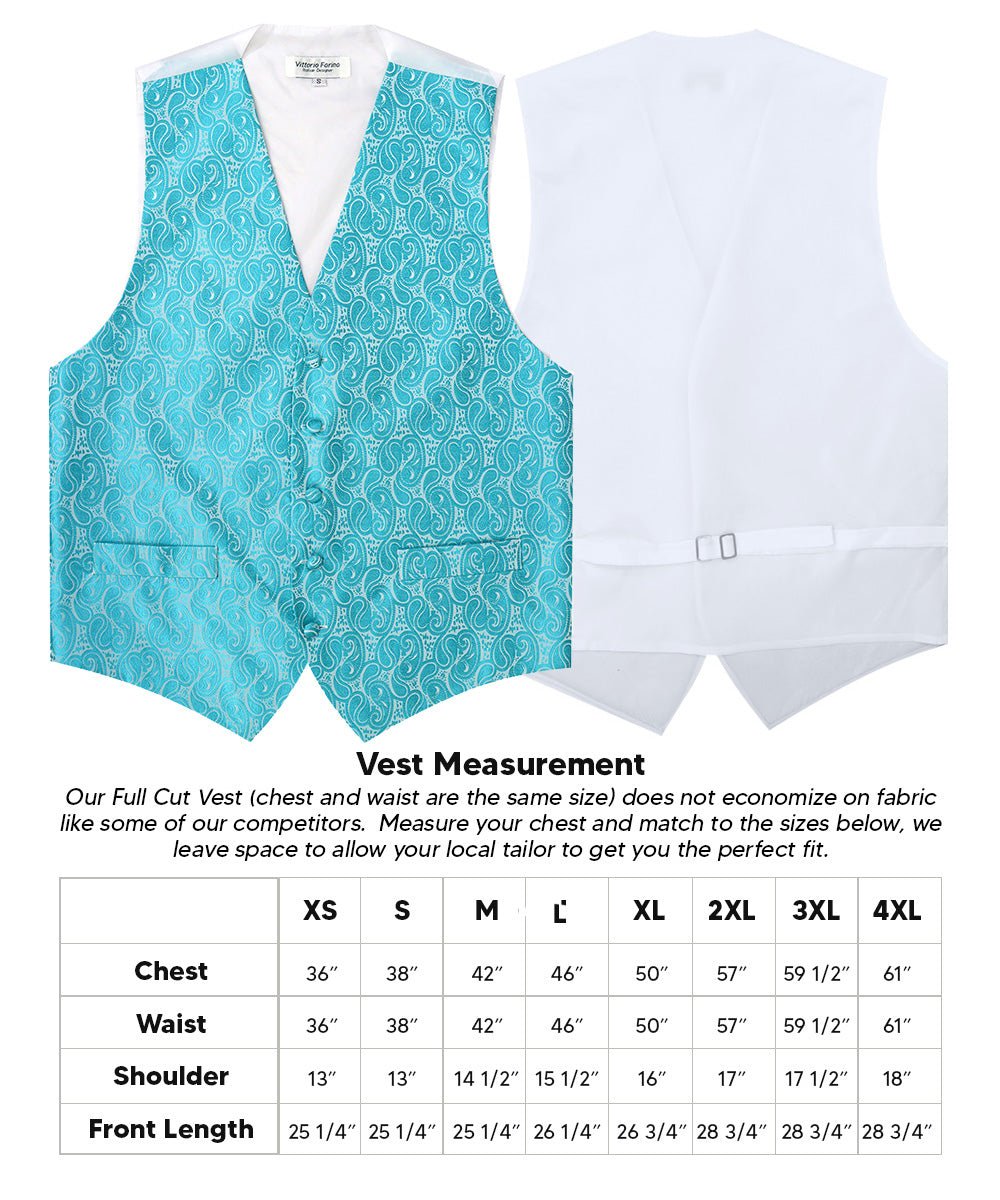 Vittorio Farina Men's Woven Paisley Vest, Necktie, Bow Tie and Pocket Square Set (White Back) - vest_paisley_WB_turquoise_XS - Classy Cufflinks