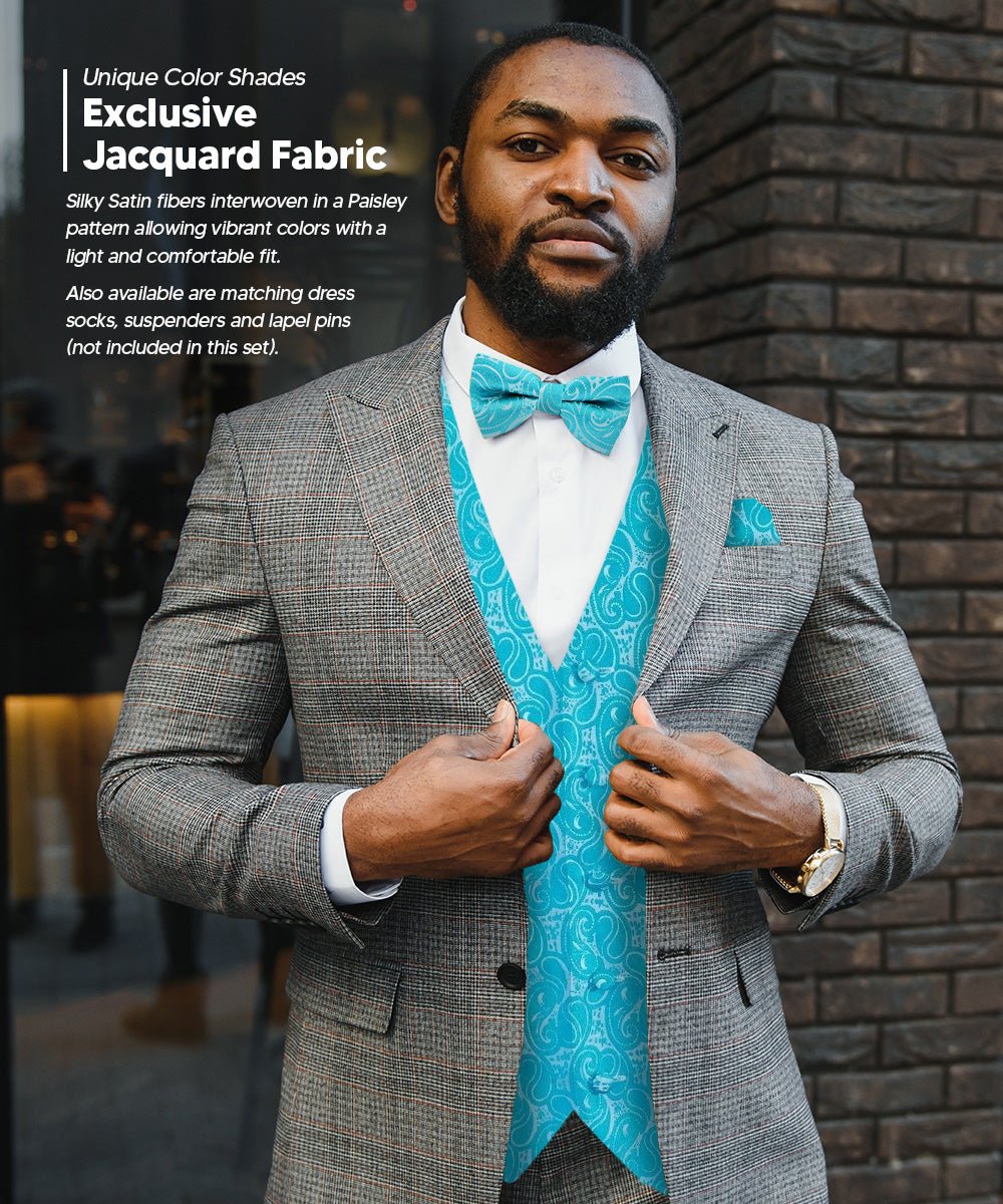 Vittorio Farina Men's Woven Paisley Vest, Necktie, Bow Tie and Pocket Square Set (White Back) - vest_paisley_WB_turquoise_XS - Classy Cufflinks