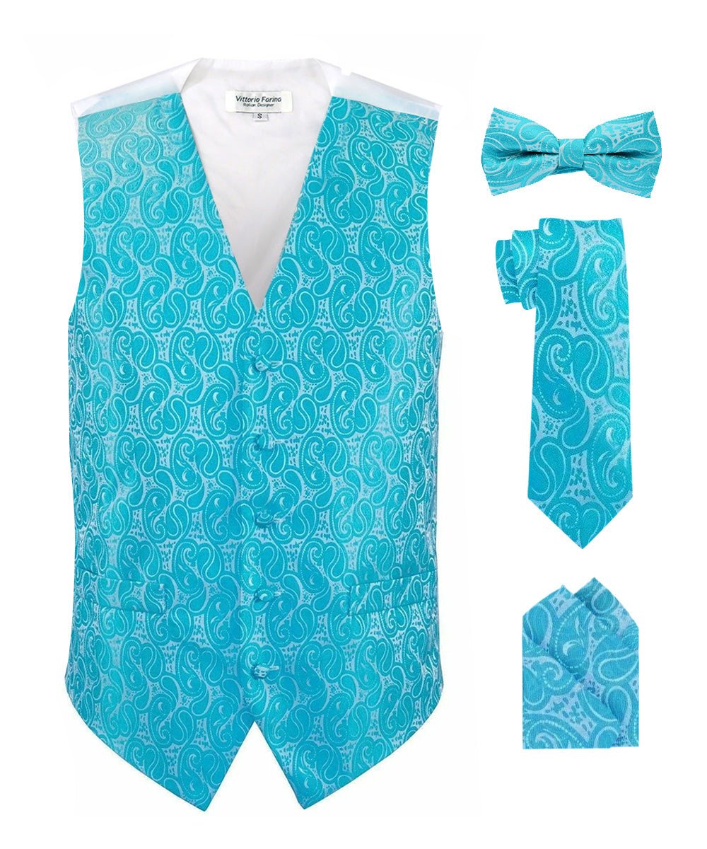 Vittorio Farina Men's Woven Paisley Vest, Necktie, Bow Tie and Pocket Square Set (White Back) - vest_paisley_WB_turquoise_XS - Classy Cufflinks