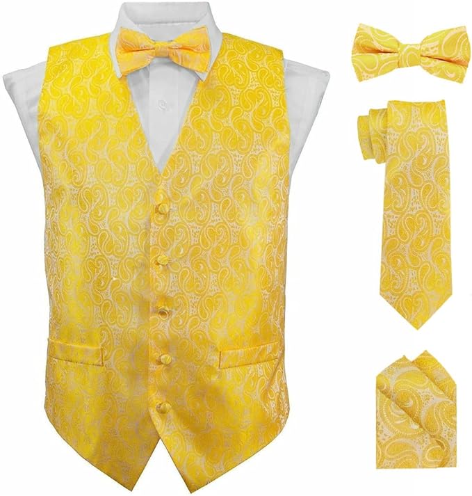 Vittorio Farina Paisley Vest Set (White Back) Var. 02 (Pink-Yellow) - vest_paisley_WB_yellow_XS - Classy Cufflinks