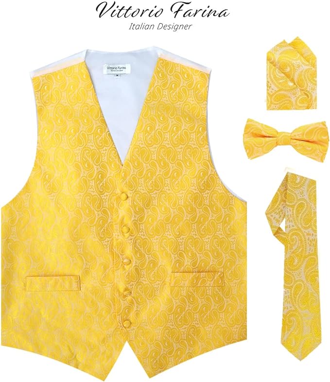 Vittorio Farina Paisley Vest Set (White Back) Var. 02 (Pink-Yellow) - vest_paisley_WB_yellow_XS - Classy Cufflinks