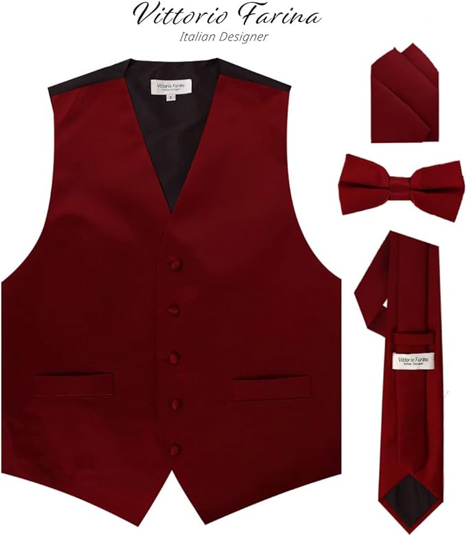 Vittorio Farina Solid Satin Vest Set (Black Back) Var. 01 (Aggie Maroon-Hunter) - vest_plain_BB_aggiemaroon_XS - Classy Cufflinks