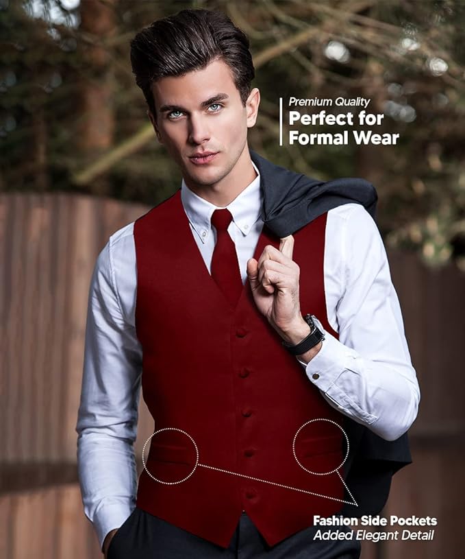 Vittorio Farina Solid Satin Vest Set (Black Back) Var. 01 (Aggie Maroon-Hunter) - vest_plain_BB_aggiemaroon_XS - Classy Cufflinks