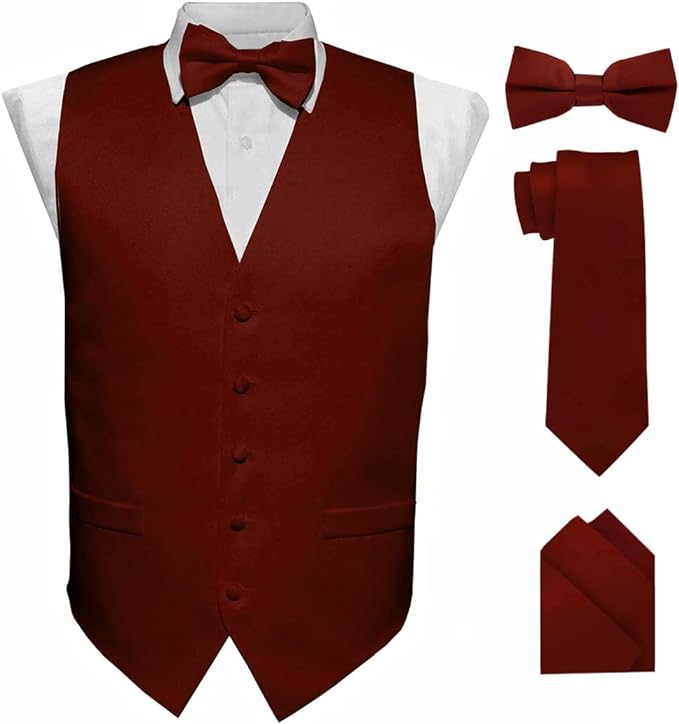 Vittorio Farina Solid Satin Vest Set (Black Back) Var. 01 (Aggie Maroon-Hunter) - vest_plain_BB_burgundy_XS - Classy Cufflinks