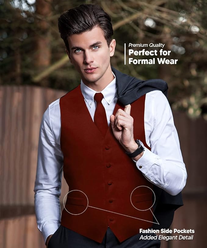 Vittorio Farina Solid Satin Vest Set (Black Back) Var. 01 (Aggie Maroon-Hunter) - vest_plain_BB_burgundy_XS - Classy Cufflinks