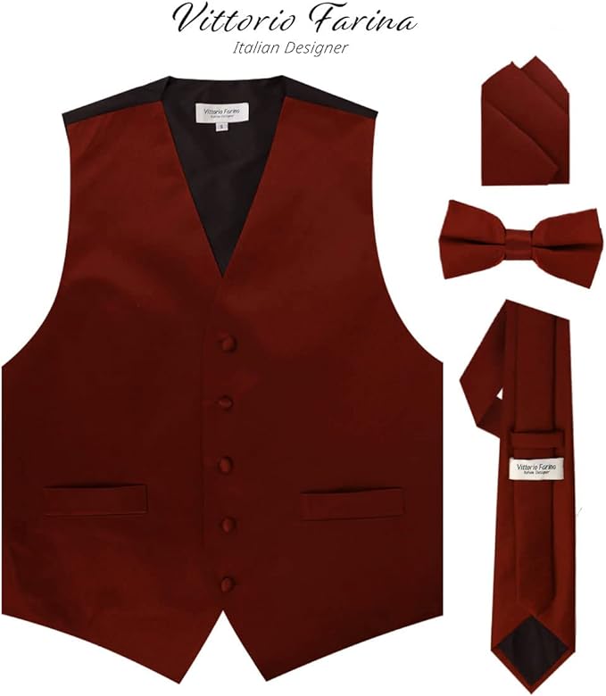 Vittorio Farina Solid Satin Vest Set (Black Back) Var. 01 (Aggie Maroon-Hunter) - vest_plain_BB_burgundy_XS - Classy Cufflinks