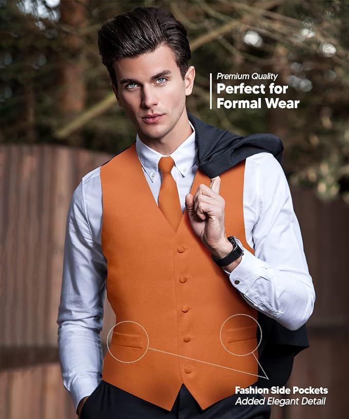 Vittorio Farina Solid Satin Vest Set (Black Back) Var. 03 (Royal-Wine) - vest_plain_BB_burntorange_XS - Classy Cufflinks