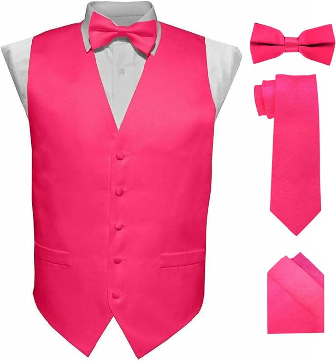 Vittorio Farina Solid Satin Vest Set (Black Back) Var. 01 (Aggie Maroon-Hunter) - vest_plain_BB_hotpink_XS - Classy Cufflinks