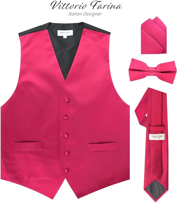 Vittorio Farina Solid Satin Vest Set (Black Back) Var. 01 (Aggie Maroon-Hunter) - vest_plain_BB_hotpink_XS - Classy Cufflinks