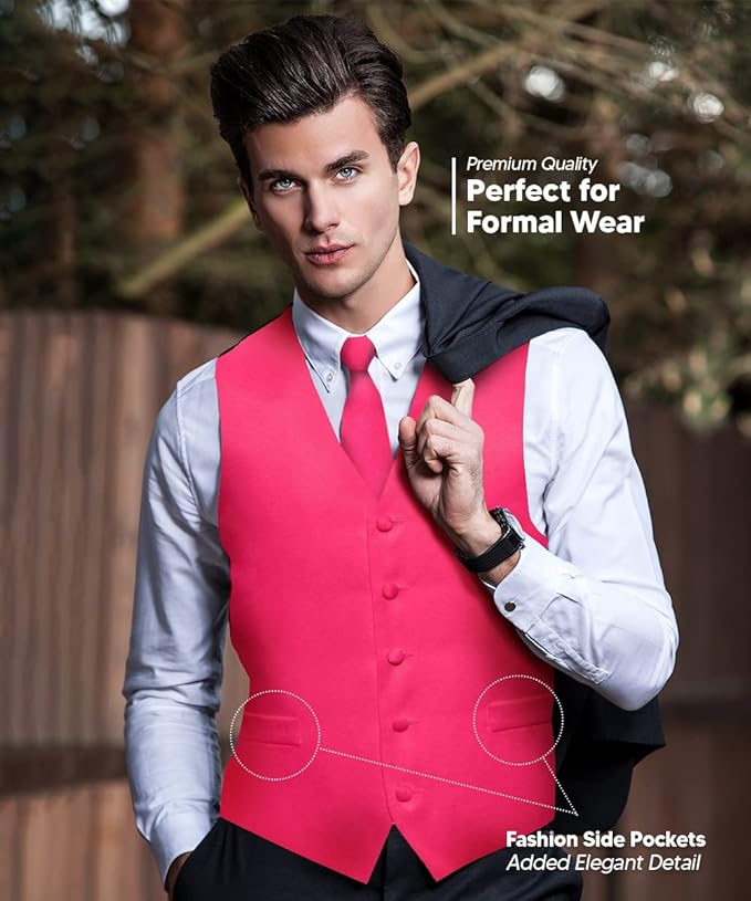 Vittorio Farina Solid Satin Vest Set (Black Back) Var. 01 (Aggie Maroon-Hunter) - vest_plain_BB_hotpink_XS - Classy Cufflinks