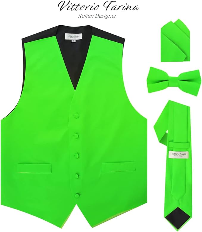 Vittorio Farina Solid Satin Vest Set (Black Back) Var. 02 (Lime-Rose Gold) - vest_plain_BB_lime_XS - Classy Cufflinks