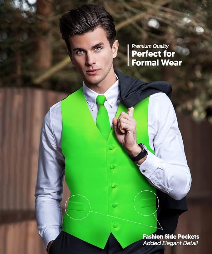 Vittorio Farina Solid Satin Vest Set (Black Back) Var. 02 (Lime-Rose Gold) - vest_plain_BB_lime_XS - Classy Cufflinks