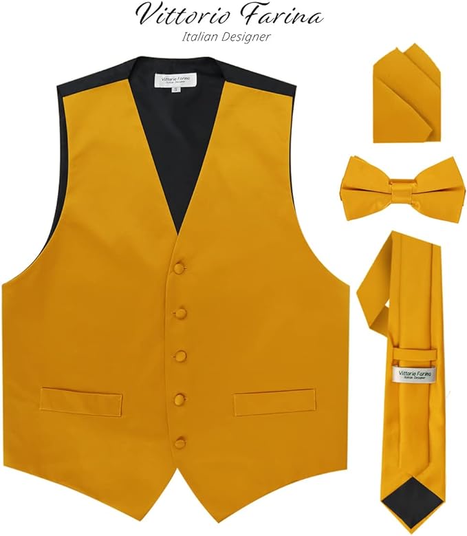 Vittorio Farina Solid Satin Vest Set (Black Back) Var. 02 (Lime-Rose Gold) - vest_plain_BB_mustard_XS - Classy Cufflinks